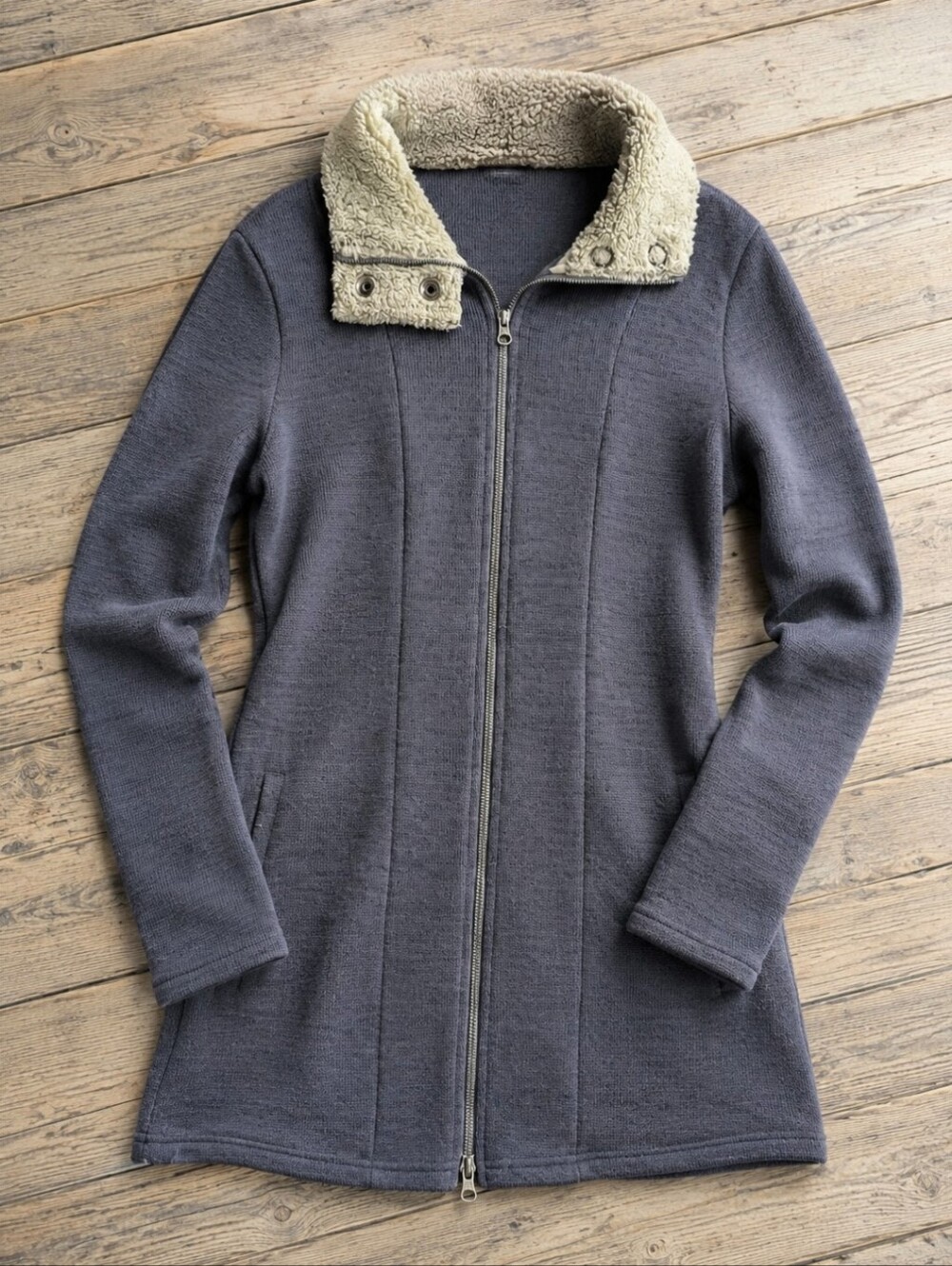 KUHL "Alaska" long sweater knit jacket charcoal gray Fleece Collar color Sz L